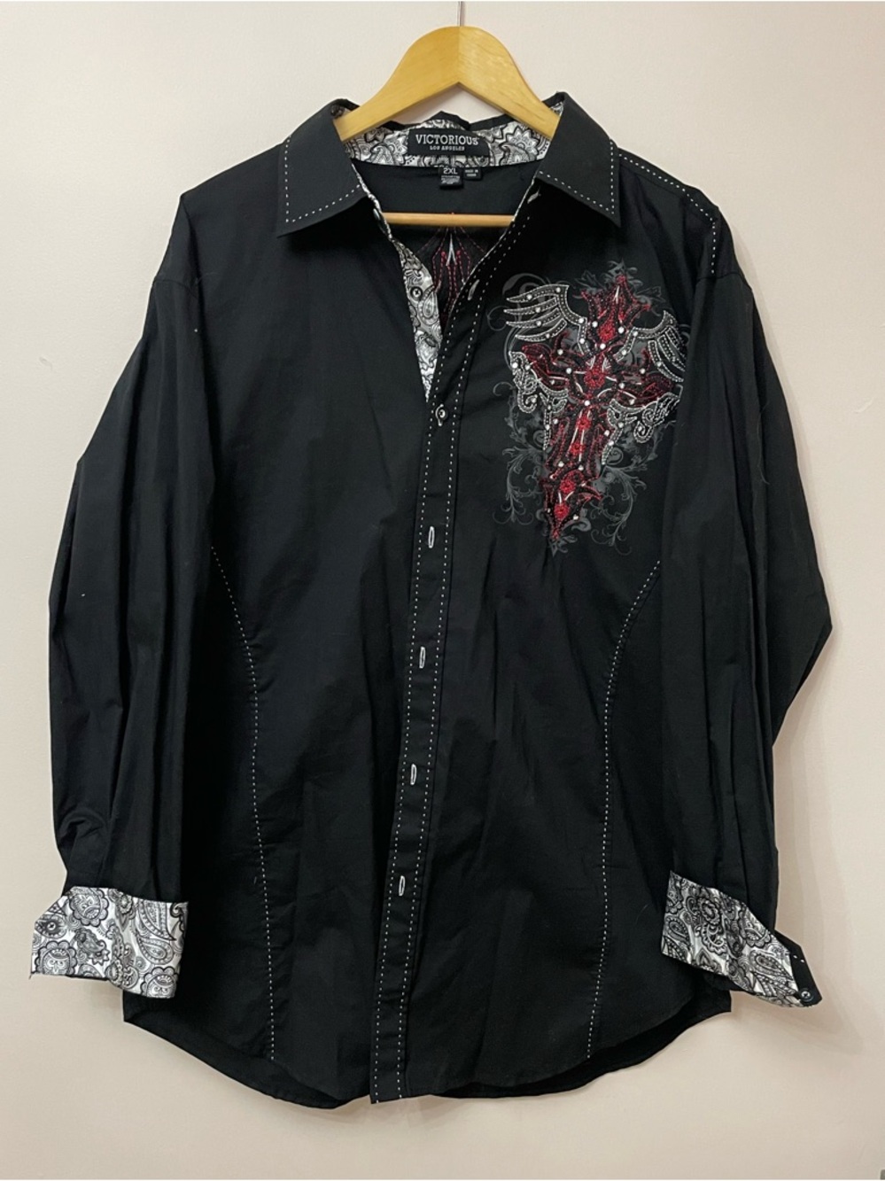 VICTORIOUS LOS ANGELES* men's  embroidered rhinestone collared shirt size 2XL